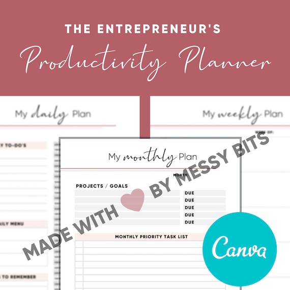Productivity Planner Canva Template, Entrepreneur's Planner, Weekly Planner, Daily Agenda, Goals Planner, DIY Planner, Customized Planner