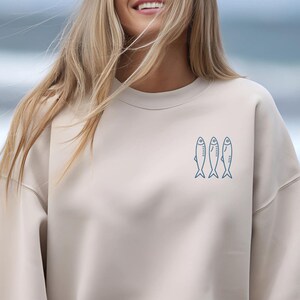 Embroidered Sardines Sweatshirt, Fisherman Crewneck Jumper, Seafood Lover Gift, Ocean Theme Pullover, Nautical Apparel, Fish Embroidery Top