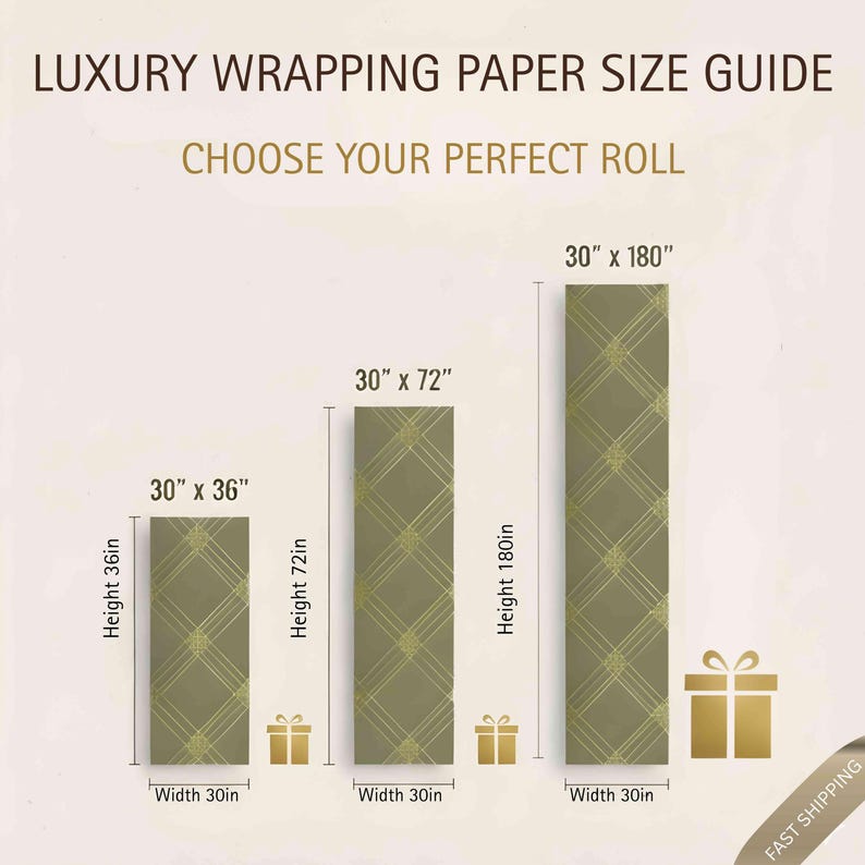 May include: Image shows a luxury wrapping paper size guide. The guide displays three different roll sizes: 30" x 36", 30" x 72", and 30" x 180". Each roll is olive green with a gold geometric pattern. The text "LUXURY WRAPPING PAPER SIZE GUIDE" is at the top.
