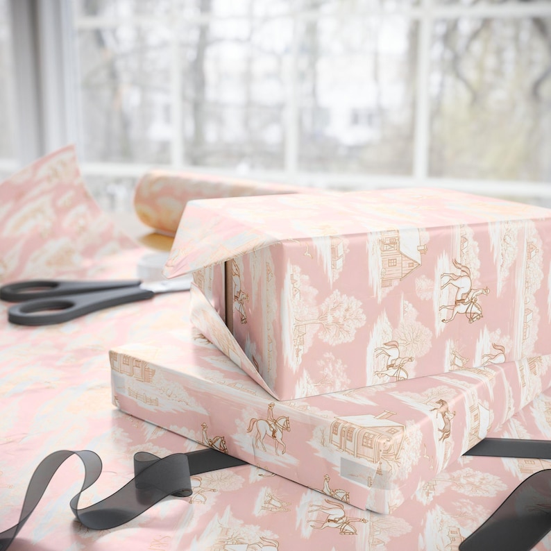 Luxury Pink Equestrian Toile Wrapping Paper, Winter Horse Rider Gift Wrap, Vintage Farmhouse Christmas Paper, Elegant Country Holiday Decor image 8