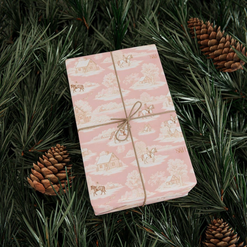 Luxury Pink Equestrian Toile Wrapping Paper, Winter Horse Rider Gift Wrap, Vintage Farmhouse Christmas Paper, Elegant Country Holiday Decor image 7