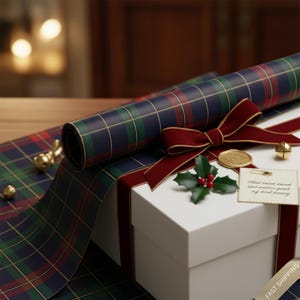 May include: A white gift box with a burgundy ribbon and bow, holly, and a small tag. A roll of navy blue, green, and red plaid wrapping paper is next to the box. Gold bells and a wax seal are also present.