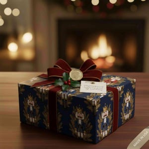 May include: A Christmas gift box wrapped in navy blue paper with a nutcracker pattern and gold detailing. It's tied with a burgundy velvet ribbon and bow, and a gold seal. A small tag is attached to the ribbon.