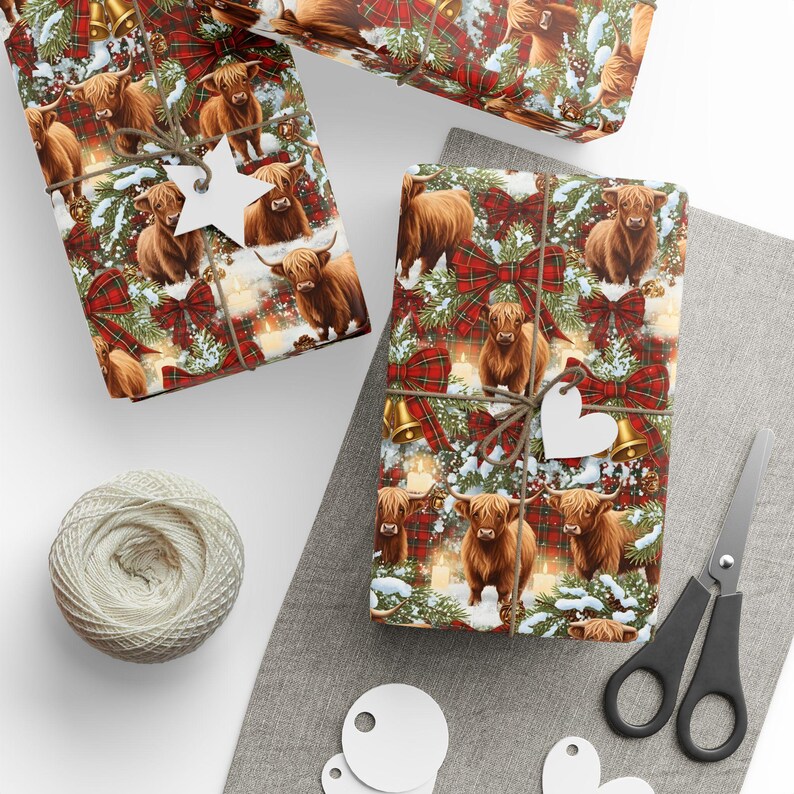 Highland Cow Christmas Wrapping Paper | Rustic Tartan Plaid Gift Wrap | Cozy Farmhouse Holiday Decor | Country Winter Gift Wrap image 6