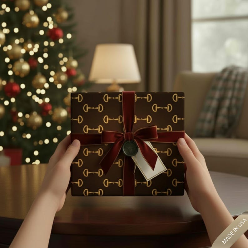 Luxury Equestrian Wrapping Paper Gold Snaffle Bit Pattern Brown & Gold Gift Wrap Horse Lover Gift Wrap Classic Preppy Equestrian Style image 3