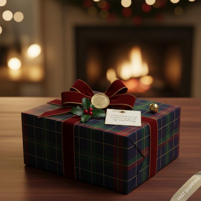 Classic Tartan Plaid Wrapping Paper | Vintage Preppy Gift Wrap | Navy Red Green Check Holiday Paper | Timeless Heritage Style image 1