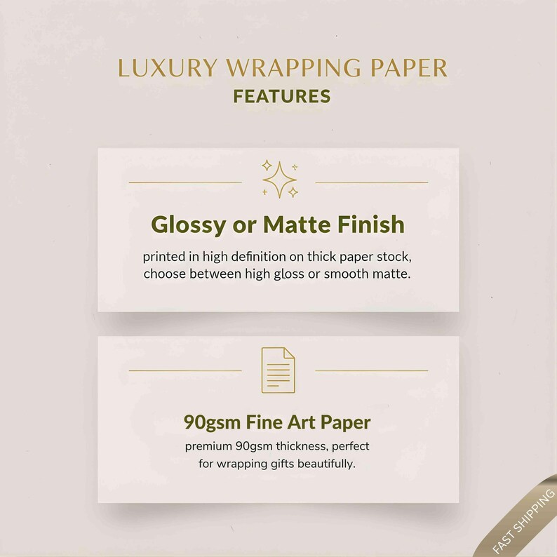 May include: Cream-colored graphic featuring the text "LUXURY WRAPPING PAPER FEATURES." Details include "Glossy or Matte Finish" and "90gsm Fine Art Paper." The paper is printed in high definition on thick stock, with a choice of high gloss or smooth matte.