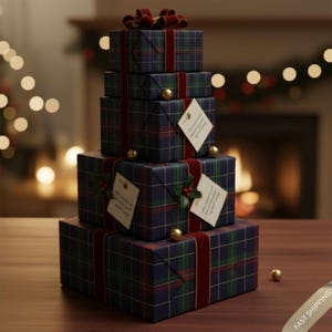 May include: A stack of wrapped gifts with navy blue, green, and red plaid paper. Each gift is tied with a burgundy ribbon and topped with a matching bow. Gold ornaments and tags with handwritten text add festive details. The gifts are arranged on a wooden surface.