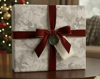 Papel de regalo de camuflaje de caza, con ciervos y perros de caza, estampado de bosque neutro, ideal para amantes de la naturaleza, papel de regalo rústico de vida silvestre para cazadores.