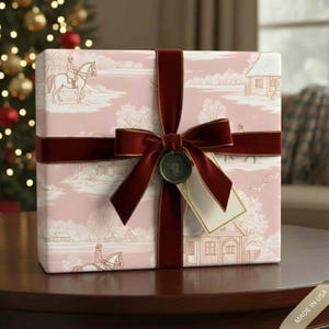 Luxury Pink Equestrian Toile Wrapping Paper, Winter Horse Rider Gift Wrap, Vintage Farmhouse Christmas Paper, Elegant Country Holiday Decor image 1