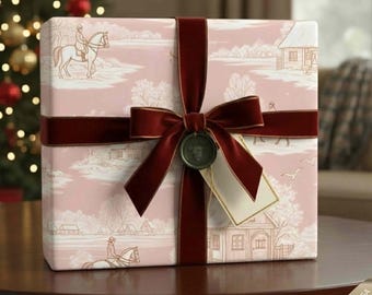 Luxury Pink Equestrian Toile Wrapping Paper, Winter Horse Rider Gift Wrap, Vintage Farmhouse Christmas Paper, Elegant Country Holiday Decor
