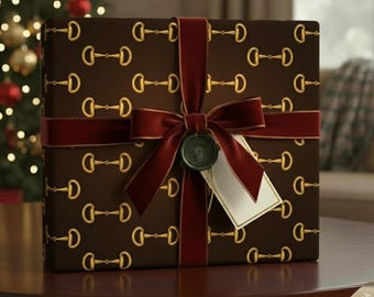 Luxury Equestrian Wrapping Paper Gold Snaffle Bit Pattern Brown & Gold Gift Wrap Horse Lover Gift Wrap Classic Preppy Equestrian Style
