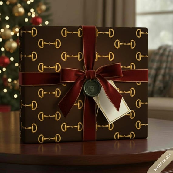 Luxury Equestrian Wrapping Paper Gold Snaffle Bit Pattern Brown & Gold Gift Wrap Horse Lover Gift Wrap Classic Preppy Equestrian Style