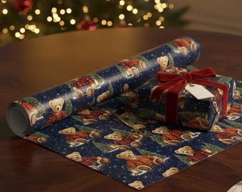 Classic Cabin Christmas Wrapping Paper | Cozy Teddy Bear Gift Wrap | Vintage Winter Lodge Gift Wrap | Preppy Holiday Wrapping Paper