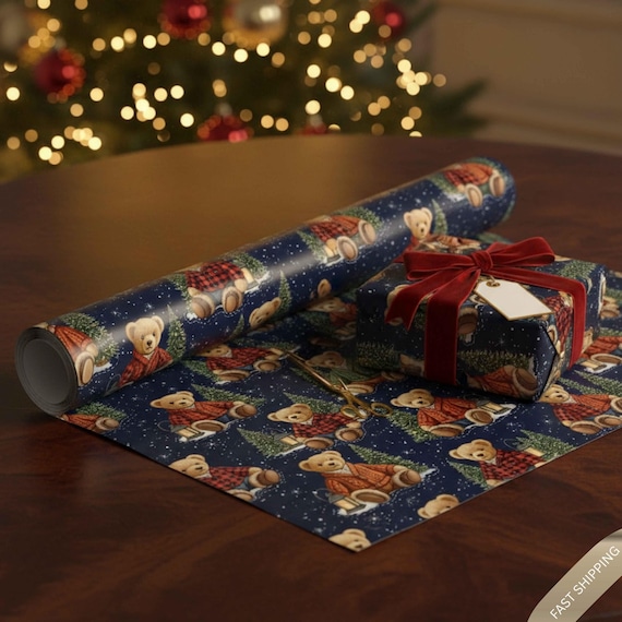 Classic Cabin Christmas Wrapping Paper | Cozy Teddy Bear Gift Wrap | Vintage Winter Lodge Gift Wrap | Preppy Holiday Wrapping Paper
