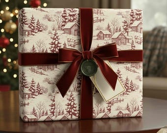 Vintage Cabin Toile Wrapping Paper, Rustic Winter Lodge Gift Wrap, Burgundy Forest Christmas Paper, Cozy Cabin Holiday Aesthetic