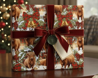 Highland Cow Christmas Wrapping Paper | Rustic Tartan Plaid Gift Wrap | Cozy Farmhouse Holiday Decor | Country Winter Gift Wrap
