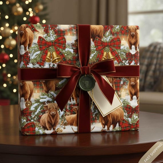 Highland Cow Christmas Wrapping Paper | Rustic Tartan Plaid Gift Wrap | Cozy Farmhouse Holiday Decor | Country Winter Gift Wrap