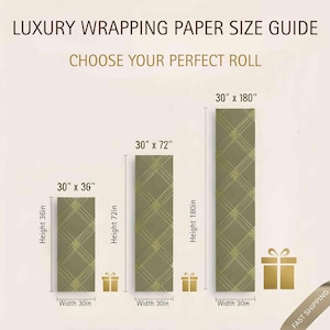 May include: Image shows a luxury wrapping paper size guide. The guide displays three different roll sizes: 30" x 36", 30" x 72", and 30" x 180". Each roll is olive green with a gold geometric pattern. The text "LUXURY WRAPPING PAPER SIZE GUIDE" is at the top.