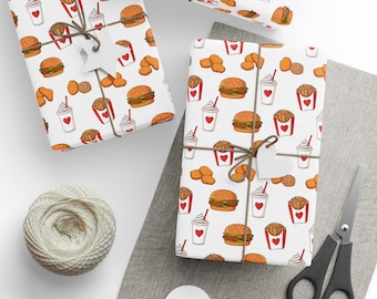 Chicken Nugget Wrapping Paper | Chicken Sandwich Waffle Fries Milkshake Gift Wrap | Fast Food Party Paper | Foodie Gift Wrap