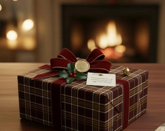 Luxury Chocolate Tartan Wrapping Paper | Elegant Brown Plaid Gift Wrap | Classic Gold Check Holiday Paper | Premium Christmas Gift Wrap