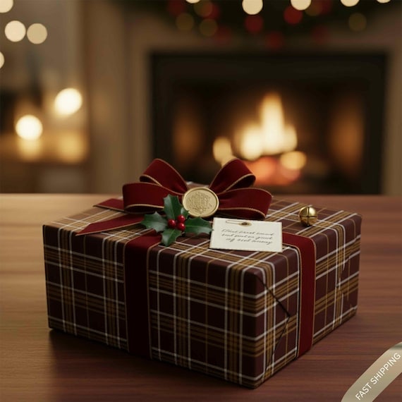 Luxury Chocolate Tartan Wrapping Paper | Elegant Brown Plaid Gift Wrap | Classic Gold Check Holiday Paper | Premium Christmas Gift Wrap