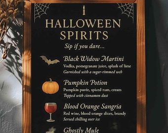 May include: A wooden-framed Halloween-themed sign with a black background and gold lettering. The sign lists cocktail recipes like "Black Widow Martini" and "Pumpkin Potion". Decorative elements include a bat and spiderwebs.