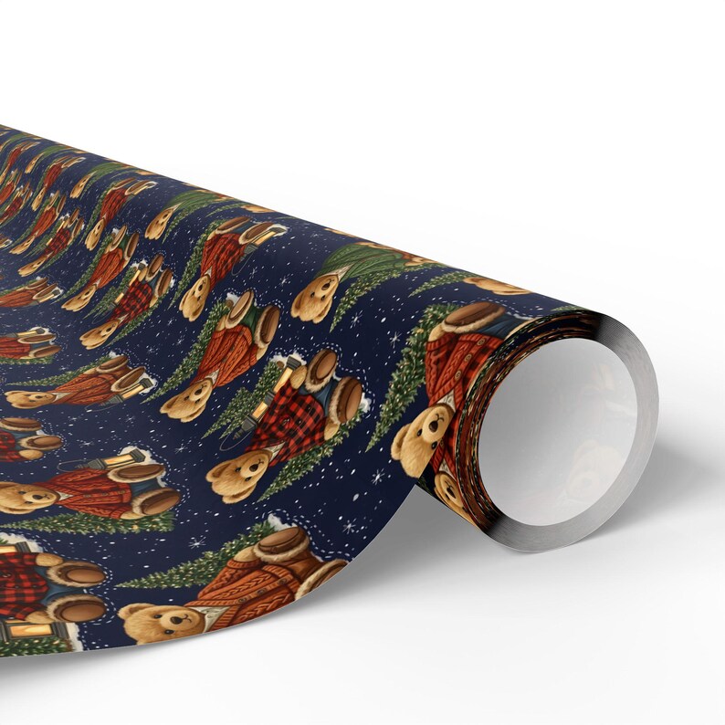 Classic Cabin Christmas Wrapping Paper | Cozy Teddy Bear Gift Wrap | Vintage Winter Lodge Gift Wrap | Preppy Holiday Wrapping Paper image 4