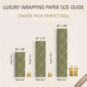 May include: Image showing a luxury wrapping paper size guide. The guide displays three different roll sizes: 30" x 36", 30" x 72", and 30" x 180". Each roll is olive green with a gold geometric pattern. The text "LUXURY WRAPPING PAPER SIZE GUIDE" is at the top.