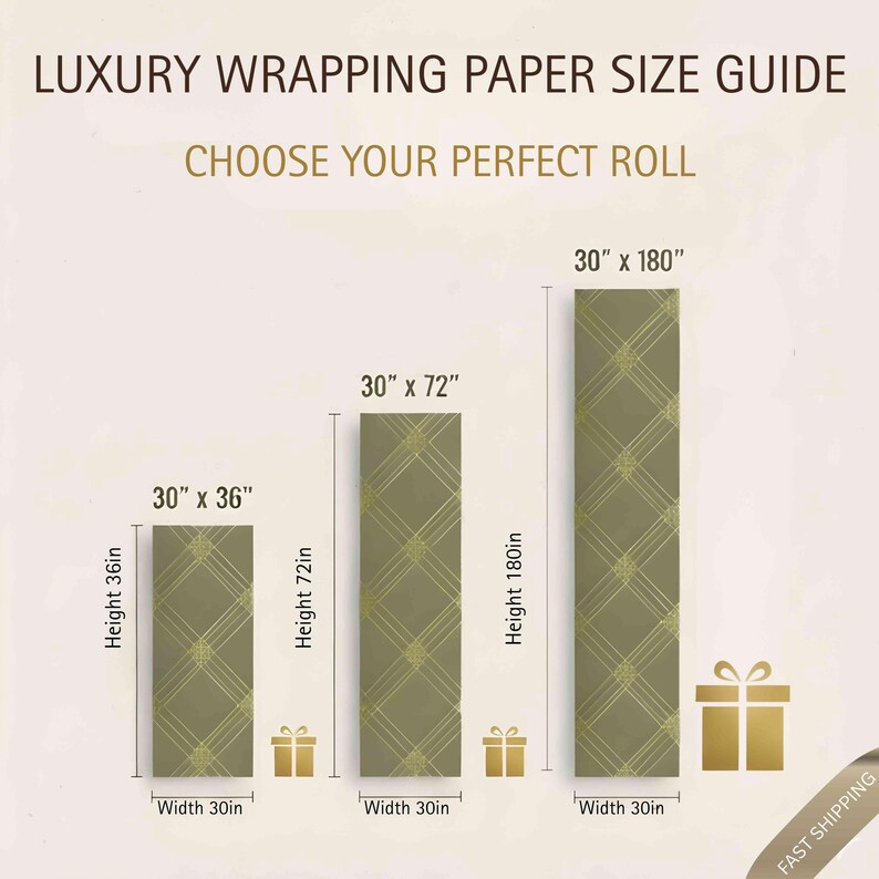 May include: Image showing a luxury wrapping paper size guide. The guide displays three different roll sizes: 30" x 36", 30" x 72", and 30" x 180". Each roll is olive green with a gold geometric pattern. The text "LUXURY WRAPPING PAPER SIZE GUIDE" is at the top.