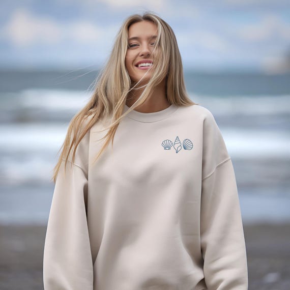 Embroidered Seashells Sweatshirt, Nautical Crewneck Jumper, Beach Theme Pullover, Coastal Clothing, Ocean Lover Gift