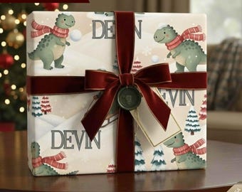 Custom Name Dinosaur Christmas Wrapping Paper Winter Dino Gift Wrap for Kids Personalized Holiday Paper Cute Snowy T-Rex Pattern
