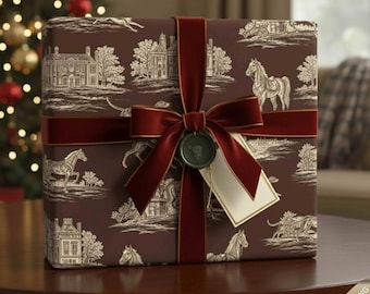 Luxury Equestrian Toile Wrapping Paper | Vintage Horse & Hound Gift Wrap | Brown Manor Estate Pattern | Elegant Country Christmas Decor