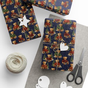 Classic Cabin Christmas Wrapping Paper | Cozy Teddy Bear Gift Wrap | Vintage Winter Lodge Gift Wrap | Preppy Holiday Wrapping Paper image 6