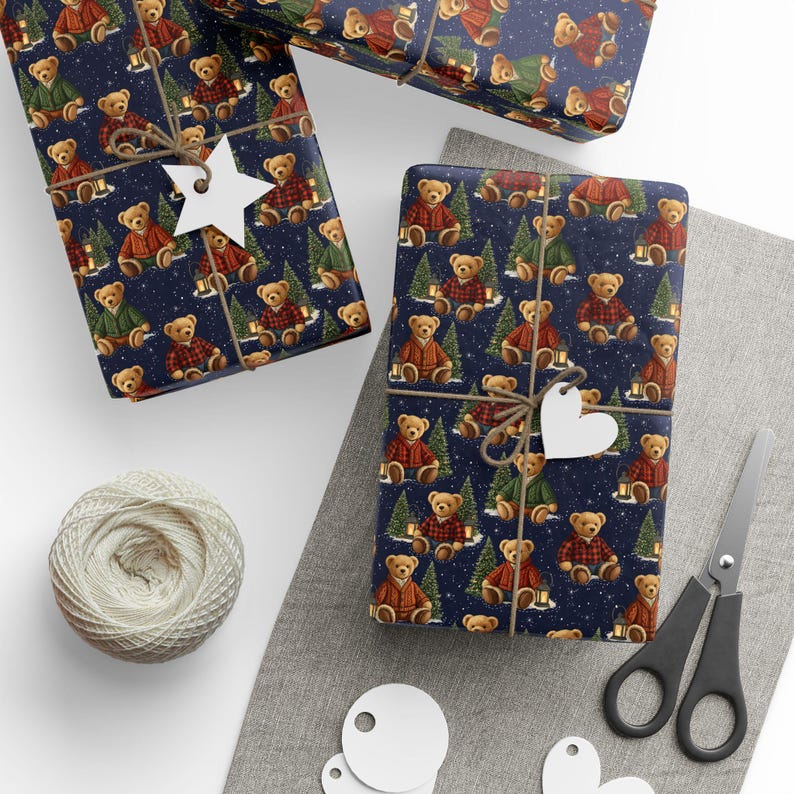 Classic Cabin Christmas Wrapping Paper | Cozy Teddy Bear Gift Wrap | Vintage Winter Lodge Gift Wrap | Preppy Holiday Wrapping Paper image 6