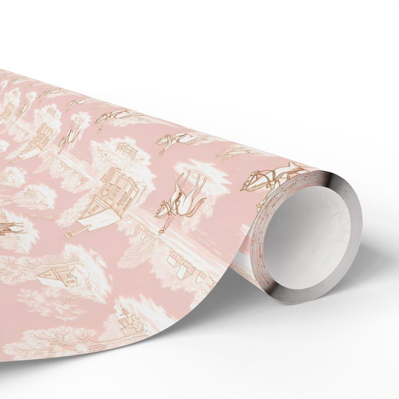 Luxury Pink Equestrian Toile Wrapping Paper, Winter Horse Rider Gift Wrap, Vintage Farmhouse Christmas Paper, Elegant Country Holiday Decor image 4