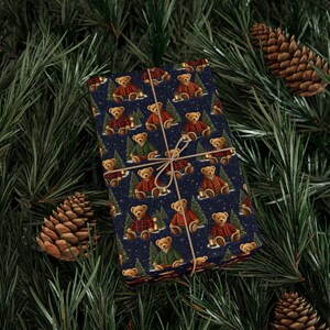 Classic Cabin Christmas Wrapping Paper | Cozy Teddy Bear Gift Wrap | Vintage Winter Lodge Gift Wrap | Preppy Holiday Wrapping Paper image 2
