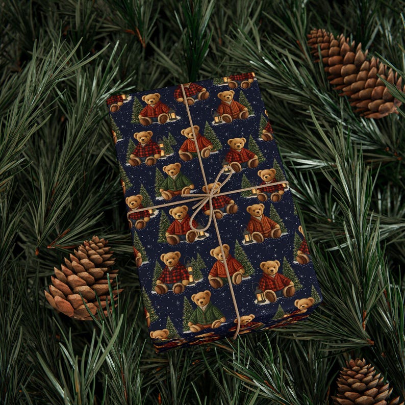 Classic Cabin Christmas Wrapping Paper | Cozy Teddy Bear Gift Wrap | Vintage Winter Lodge Gift Wrap | Preppy Holiday Wrapping Paper image 2