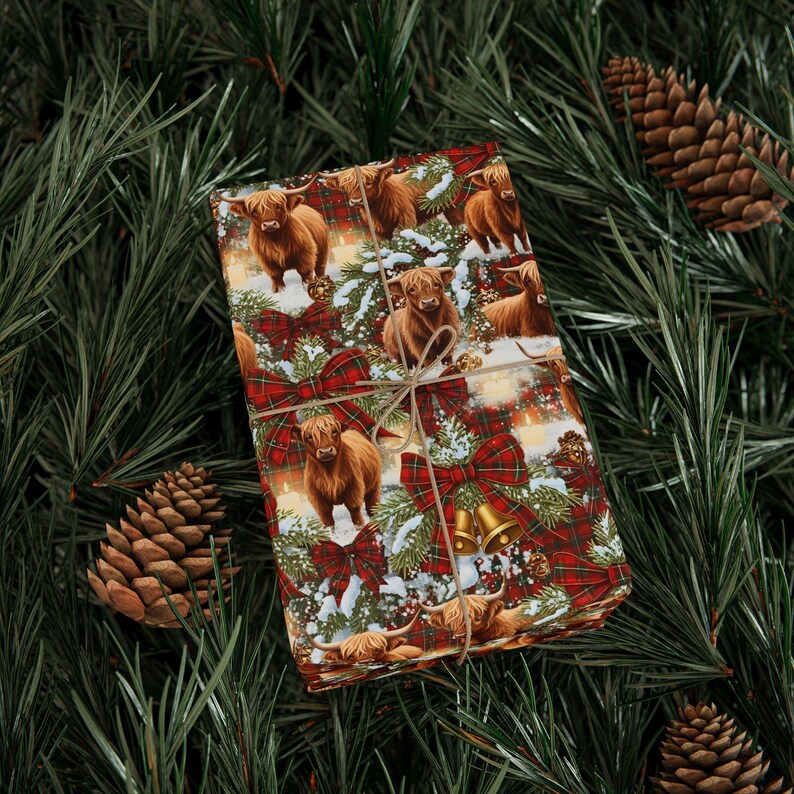 Highland Cow Christmas Wrapping Paper | Rustic Tartan Plaid Gift Wrap | Cozy Farmhouse Holiday Decor | Country Winter Gift Wrap image 3