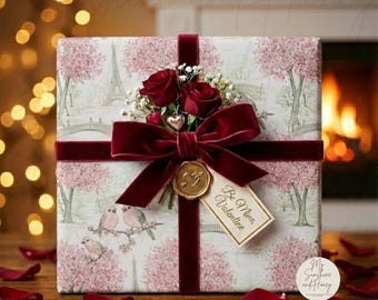 Papel de regalo con pájaros de París, papel de regalo romántico con flores rosas, pájaros del amor con estampado toile francés, papel elegante para San Valentín y bodas.