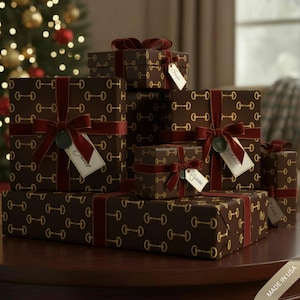 Luxury Equestrian Wrapping Paper Gold Snaffle Bit Pattern Brown & Gold Gift Wrap Horse Lover Gift Wrap Classic Preppy Equestrian Style image 2