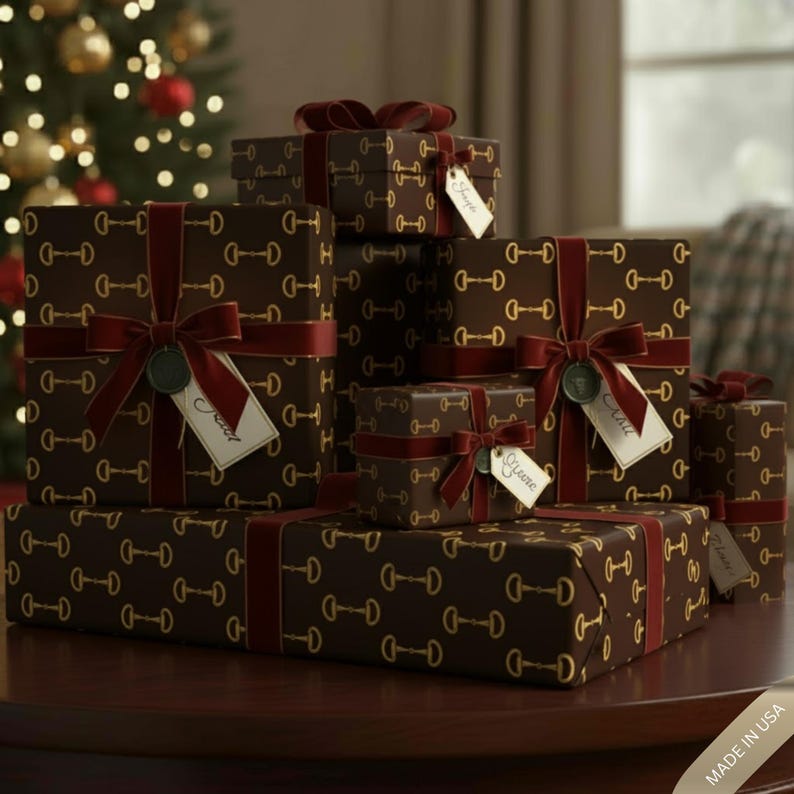 Luxury Equestrian Wrapping Paper Gold Snaffle Bit Pattern Brown & Gold Gift Wrap Horse Lover Gift Wrap Classic Preppy Equestrian Style image 2