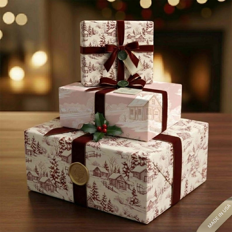 Luxury Pink Equestrian Toile Wrapping Paper, Winter Horse Rider Gift Wrap, Vintage Farmhouse Christmas Paper, Elegant Country Holiday Decor image 2