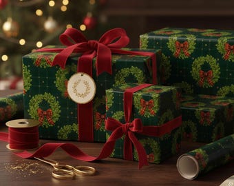 Classic Christmas Wrapping Paper, Green Plaid Wreath Gift Wrap, Traditional Holiday Bow Pattern, Elegant Tartan Christmas Gift Wrap