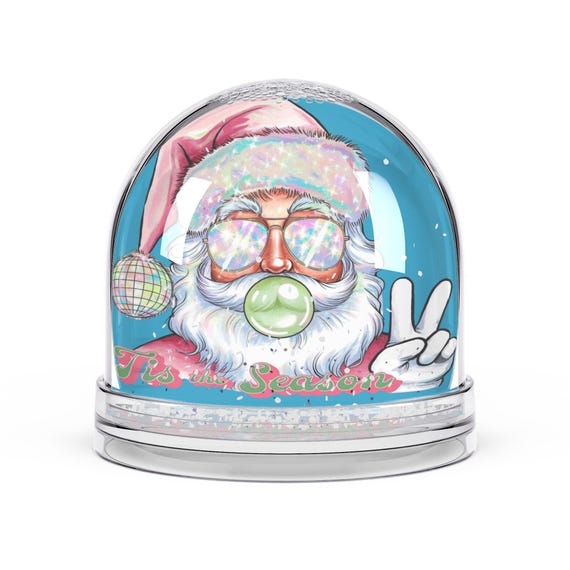 レトロなサンタのスノードームが風船ガムを吹き出しています