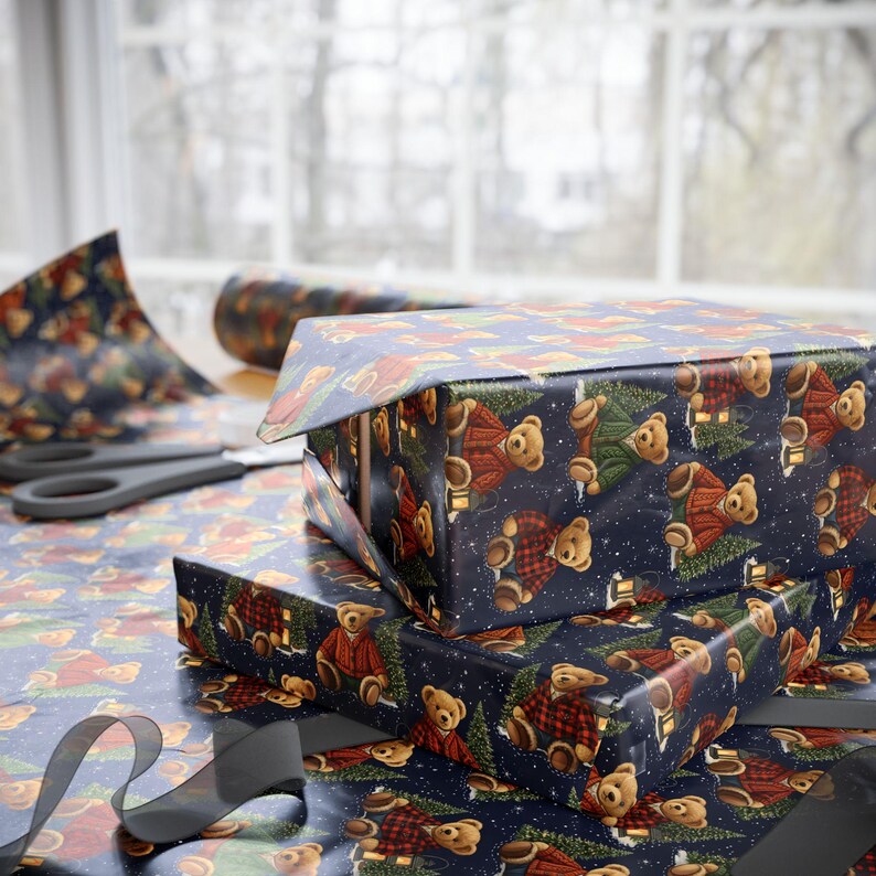 Classic Cabin Christmas Wrapping Paper | Cozy Teddy Bear Gift Wrap | Vintage Winter Lodge Gift Wrap | Preppy Holiday Wrapping Paper image 3