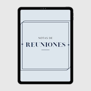 May include: A black tablet with a light blue screen displaying the text "NOTAS DE REUNIONES" within a double-lined frame.