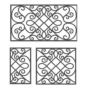 May include: Three decorative wrought iron panels with intricate scrollwork and geometric patterns. The panels are in rectangular and square shapes, suitable for gates, fences, or architectural accents. The design features symmetrical swirls and diamond shapes.