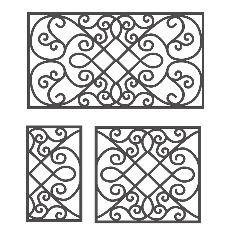 May include: Three decorative wrought iron panels with intricate scrollwork and geometric patterns. The panels are in rectangular and square shapes, suitable for gates, fences, or architectural accents. The design features symmetrical swirls and diamond shapes.