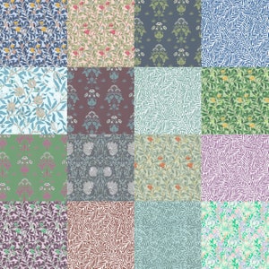 May include: A digital collage of 12 different floral patterns. The patterns are all in shades of green, blue, pink, and brown. The patterns are arranged in a grid.